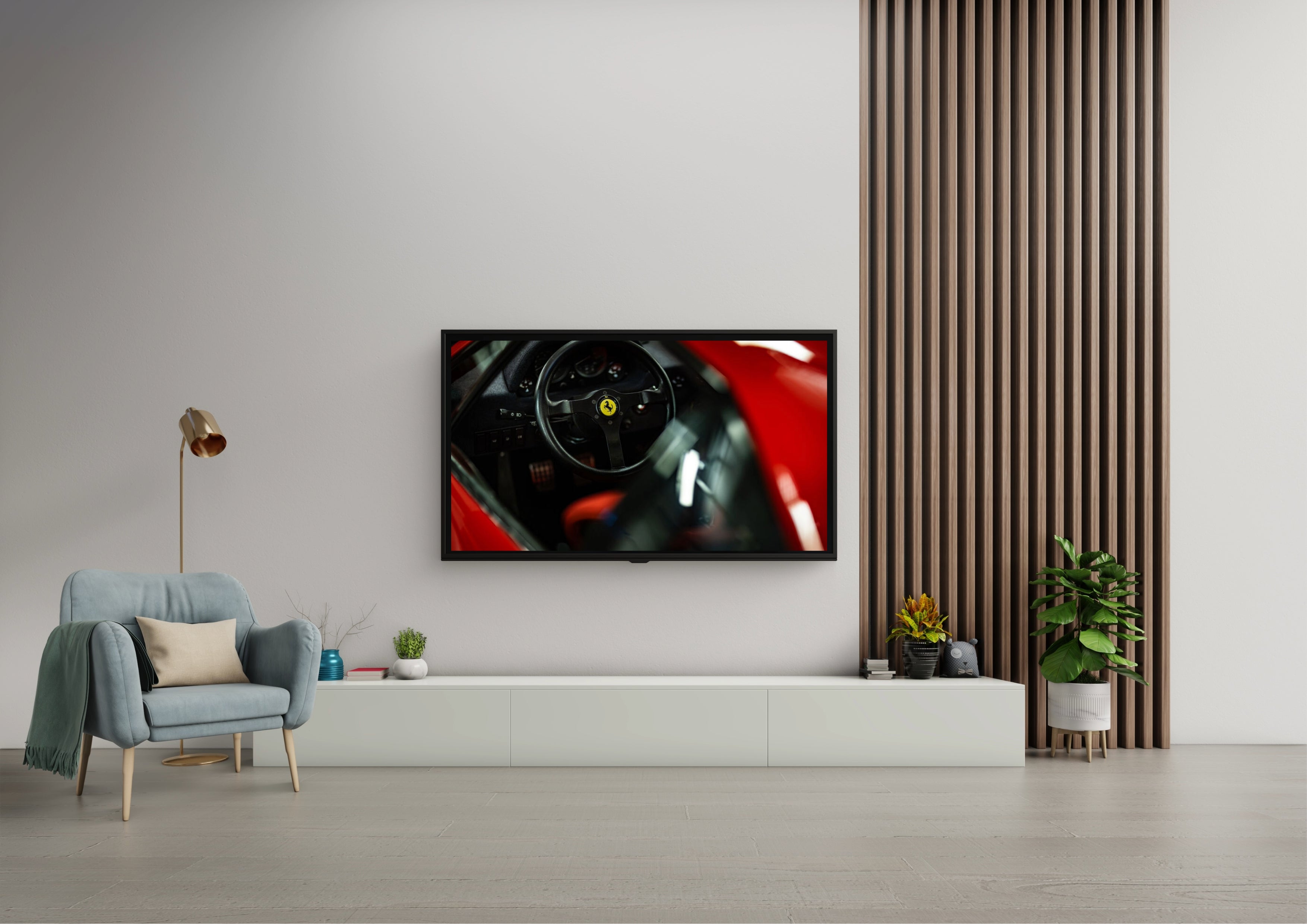 Gerahmtes Acrylglasbild mit rotem Ferrari-Lenkrad in einem modernen Wohnzimmer
